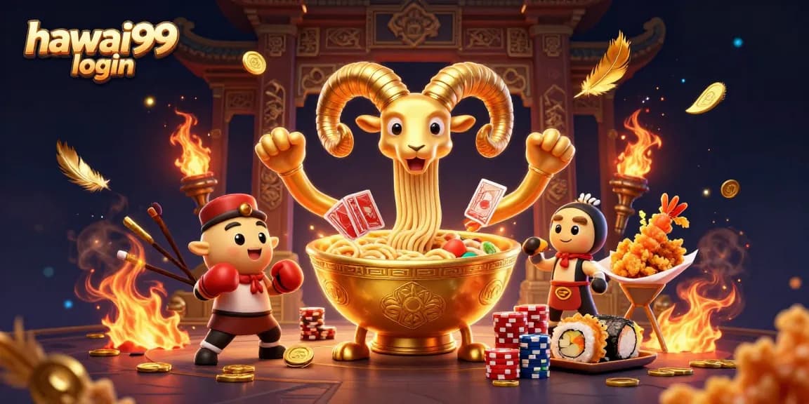 Experience the excitement of hawai99 login as a giant golden ramen bowl deals cards and stacks chips in a vibrant casino scene.