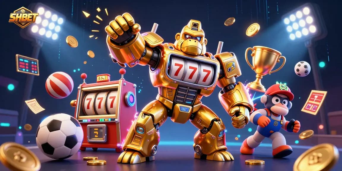Engage with SHBET's thrilling casino experience featuring a dynamic golden gorilla mech amidst vibrant gaming elements.