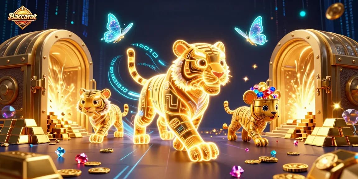 Baccarat game scene with a glowing tiger and treasures highlighting the excitement of online casino gambling.