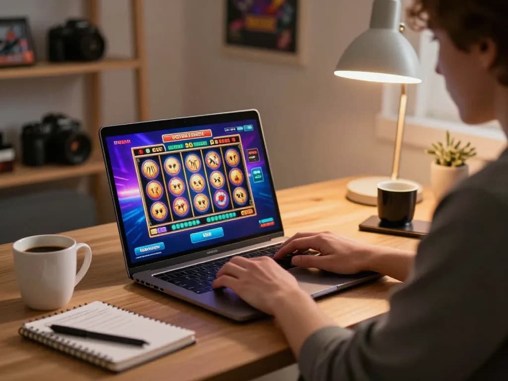 Pemain memutar gulungan slot di rumah, fokus pada laptop dengan grafik yang hidup dan strategi permainan.