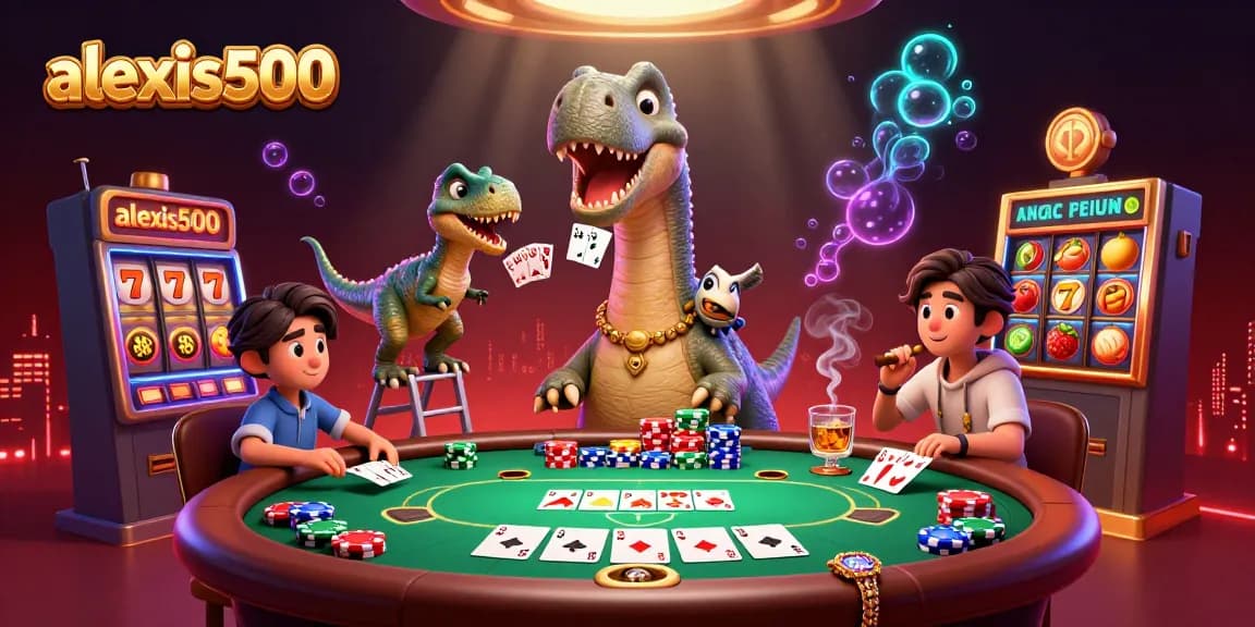 A dynamic casino scene with alexis500 characters dealing cards at a vibrant poker table.
