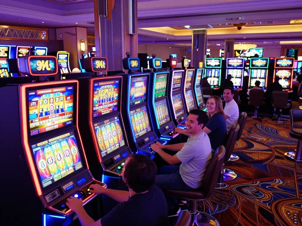Engaged players at situs slot machines in a vibrant casino, showcasing excitement and winning vibes