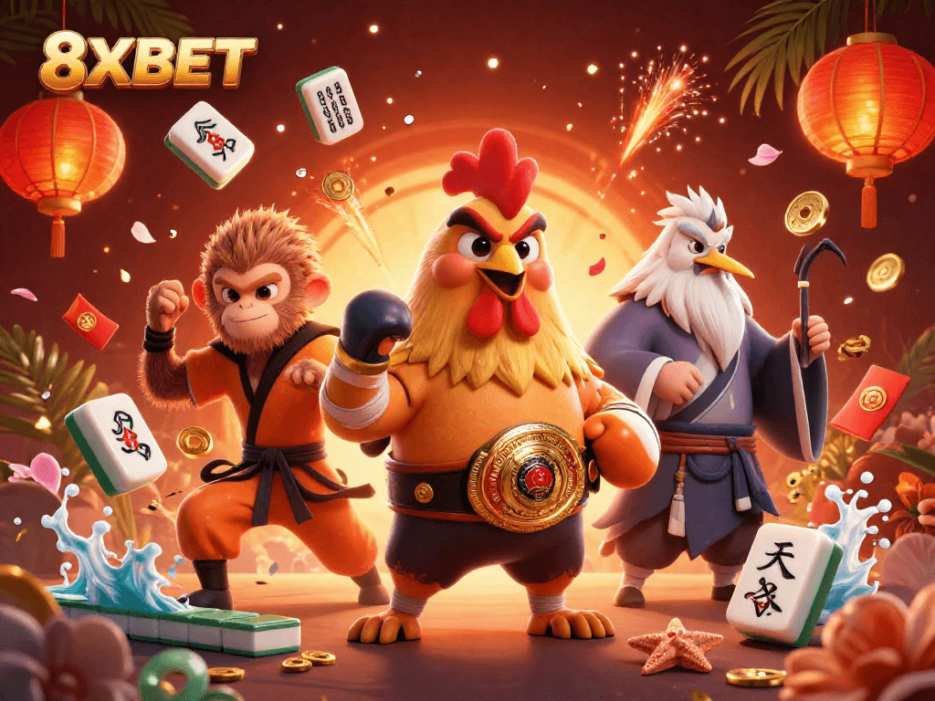 8XBET showcases a vibrant and dynamic scene of gaming excitement with 3D characters and casino elements.