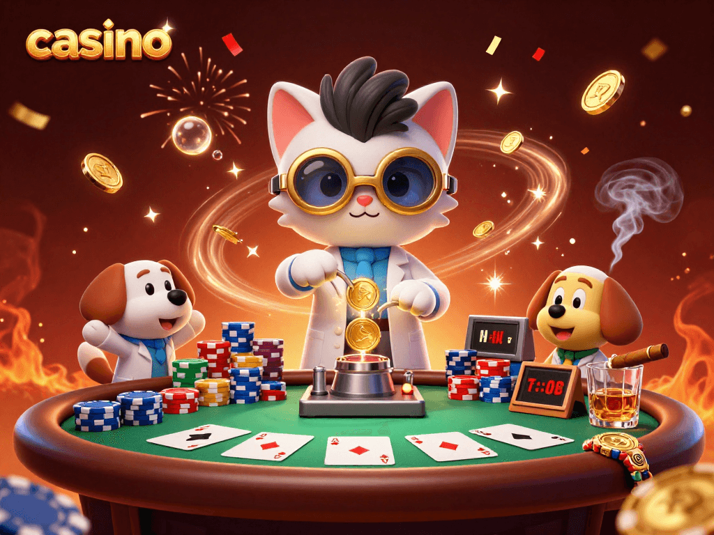 Engaging casino scene with a mad scientist cat creating gold coins, poker elements abound.