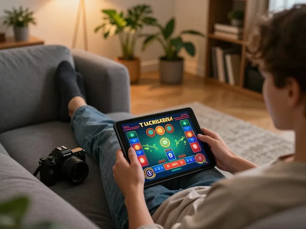 Engaging in exciting online baccarat at LC88 on a cozy tablet setup while enjoying responsible gaming