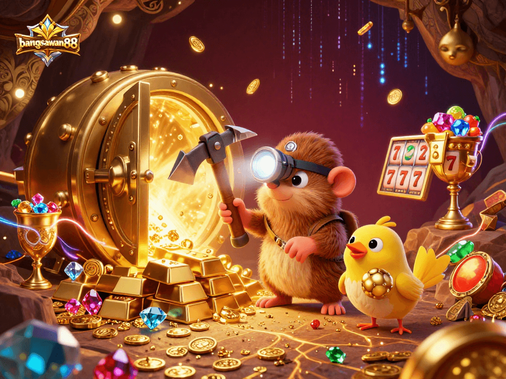 Experience epic wins with bangsawan88 in this vibrant 3D treasure hunter casino illustration.