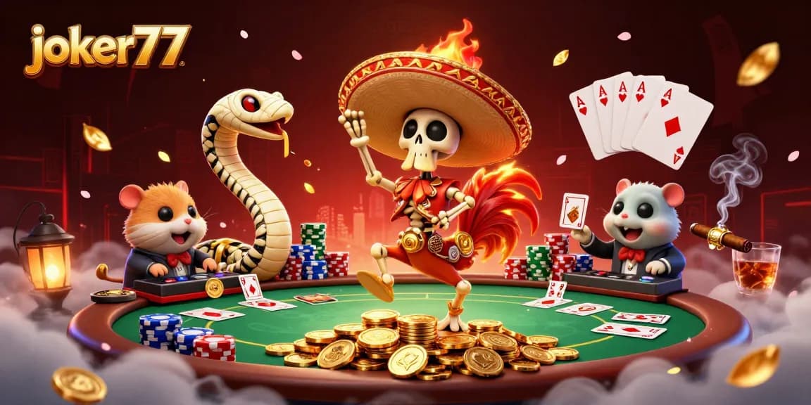 Join the thrilling action at joker77 with a vibrant 3D casino illustration featuring unique characters and poker elements.