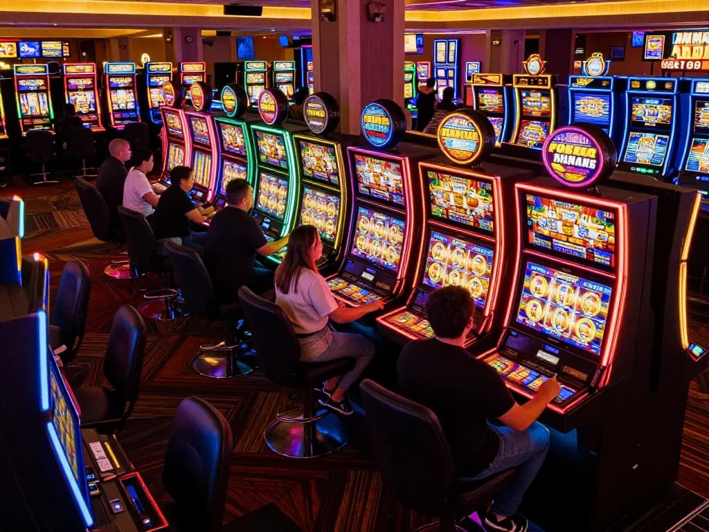 Engaged players celebrating wins at slots not on gamstop in a colorful casino environment.