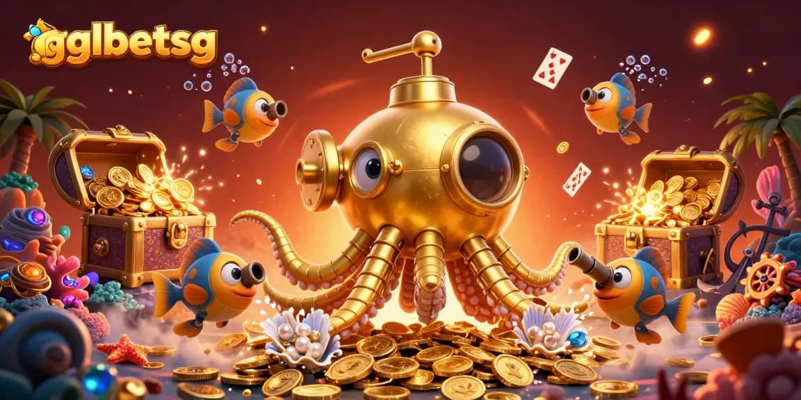 gglbetsg showcases a 3D golden kraken submarine amidst riches, symbolizing esports betting thrills.