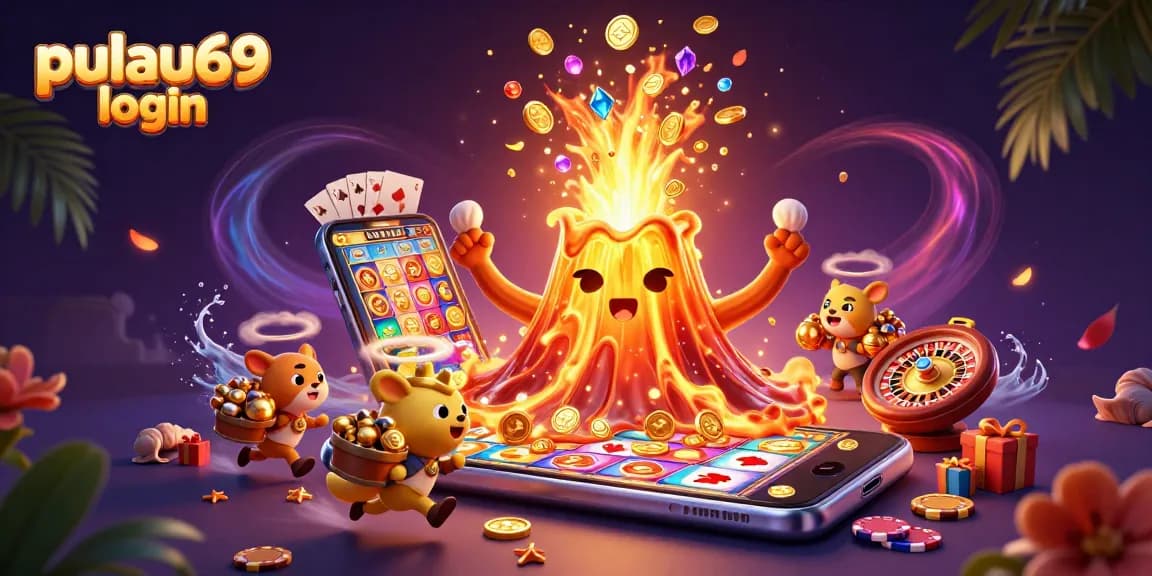 pulau69 login showcases a vibrant casino scene with a golden volcano erupting treasure