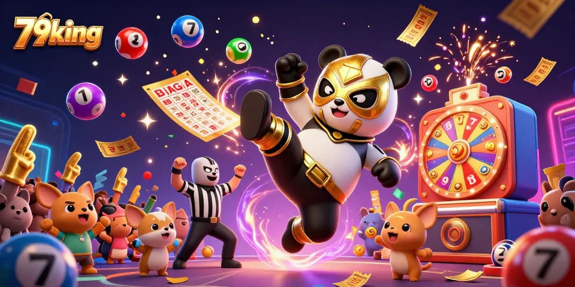 Experience the excitement of betting at 79king with dynamic lottery balls, a panda wrestler, and a festive atmosphere.