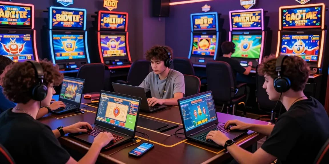 Engaged gamers enjoying game bài 68 in a vibrant online gaming environment with colorful interfaces and promotional banners.