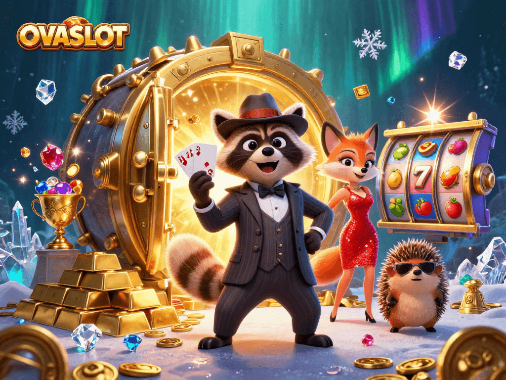 Play exciting slots with OVASLOT featuring a charming raccoon, fox, and hedgehog in a vibrant casino scene.