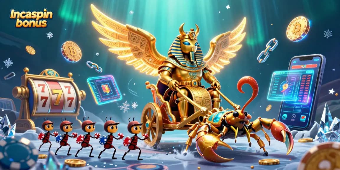 Claiming the Incaspin bonus with a vibrant scene featuring a golden scarab beetle, gaming elements, and lively atmosphere.