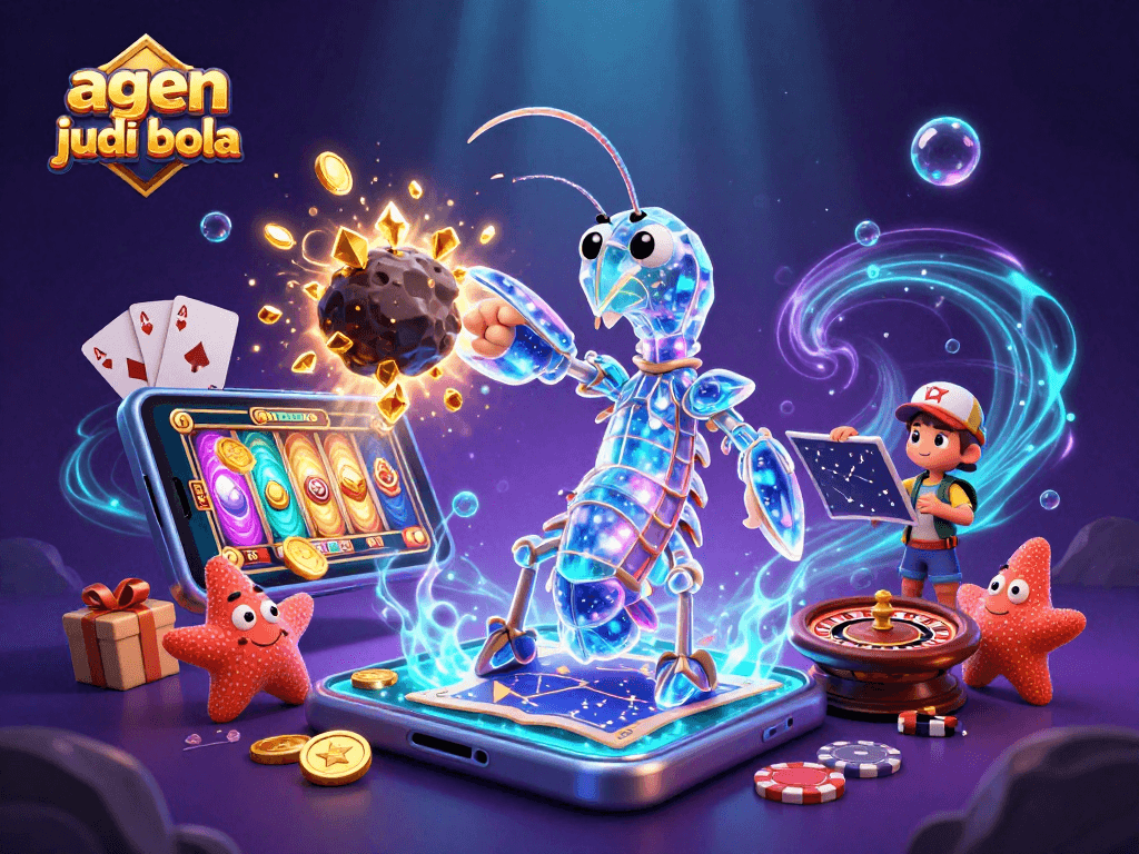A vibrant scene of agen judi bola illustrating a galactic samurai mantis shrimp and starfish, exploding gems amidst gambling elements.