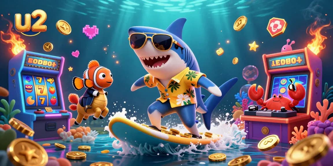 u2 casino adventure featuring a hammer-head shark surfing on coins surrounded by slot reels.