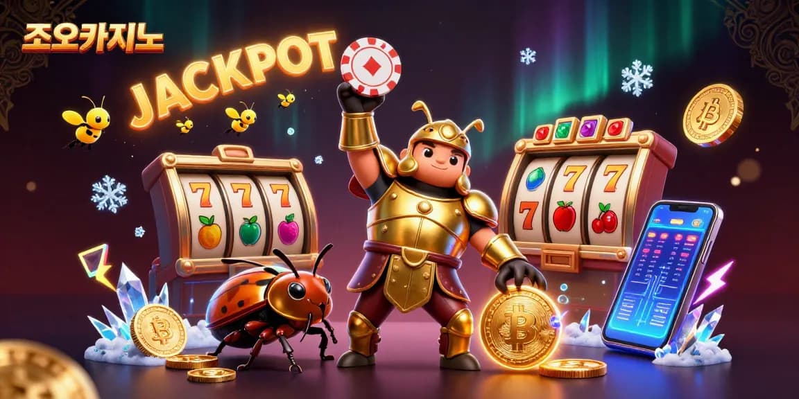 Join the excitement at 조이카지노 with a victorious hercules beetle celebrating wins surrounded by vibrant casino elements.