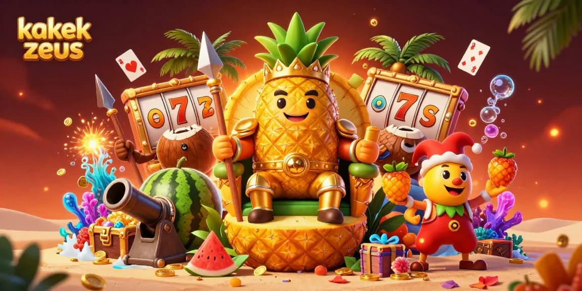 Experience the adventurous kakek zeus in a vibrant casino scene packed with golden coins and slot elements.