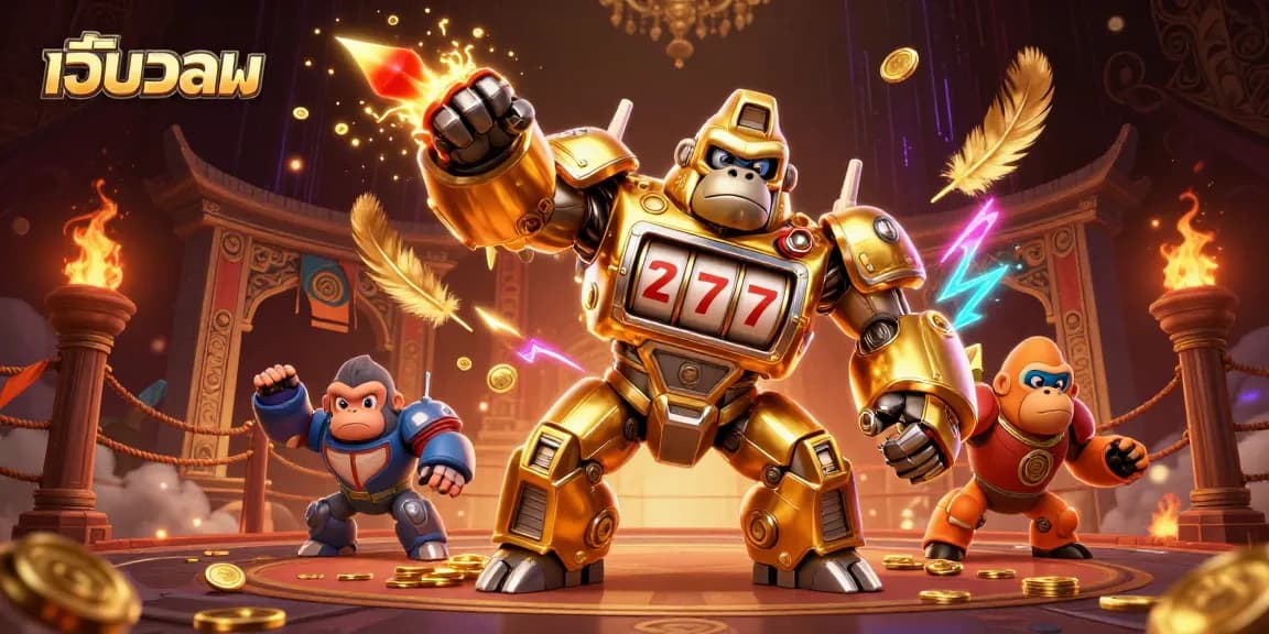 Engage with เว็บบอล featuring an ultra-detailed gorilla mech and dynamic casino elements.