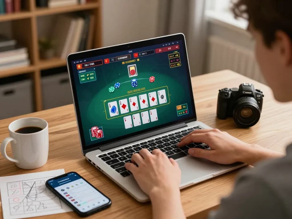 Engaging in online blackjack with luckyindex app, showcasing a cozy and strategic home gaming setup.