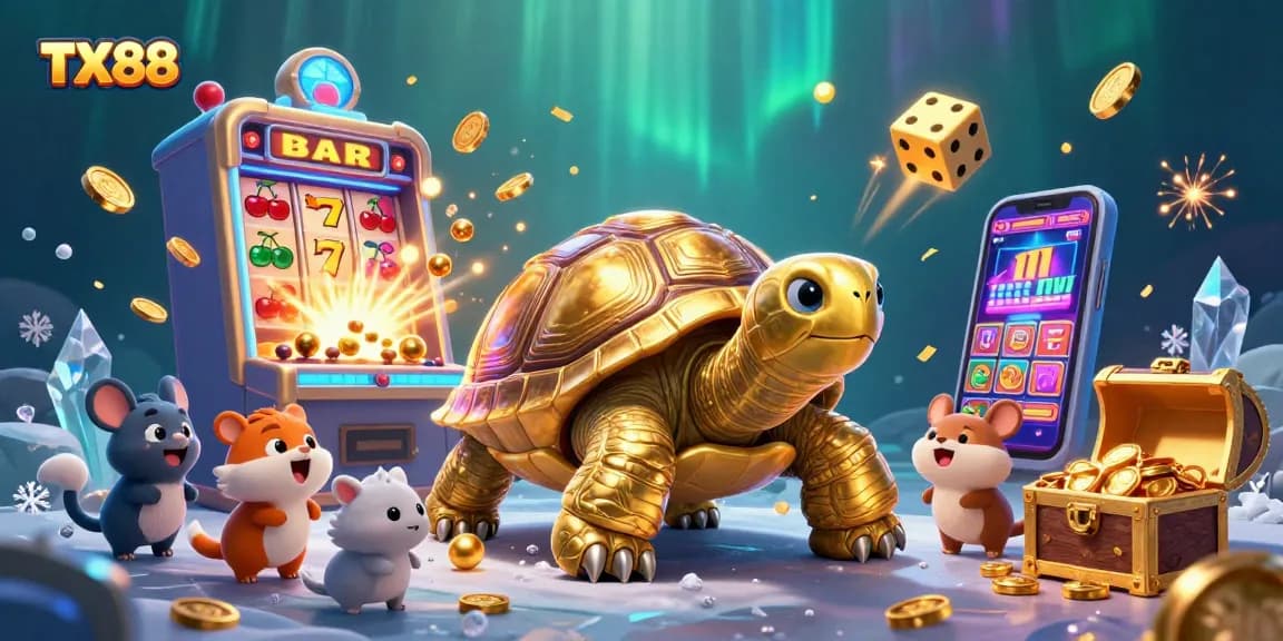 Experience the excitement of TX88 with a colorful casino scene featuring a tortoise jackpot!