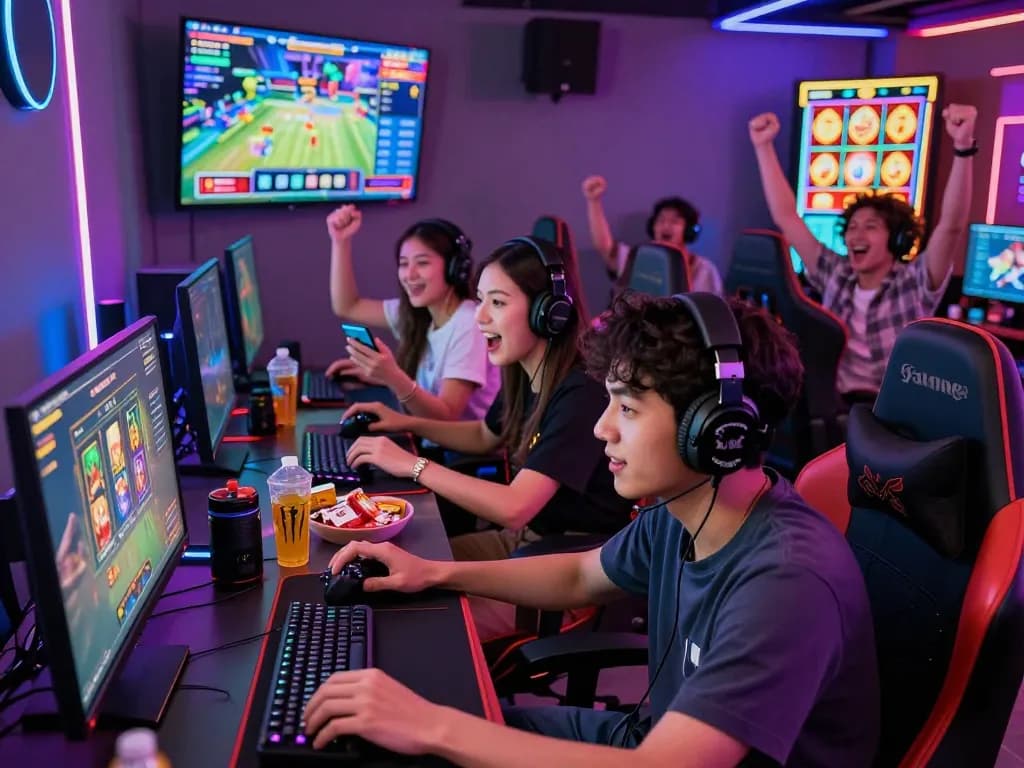 Adegan permainan situs slot gacor yang menarik dengan berbagai pemain terlibat dan merayakan kemenangan di lingkungan lounge yang dinamis.