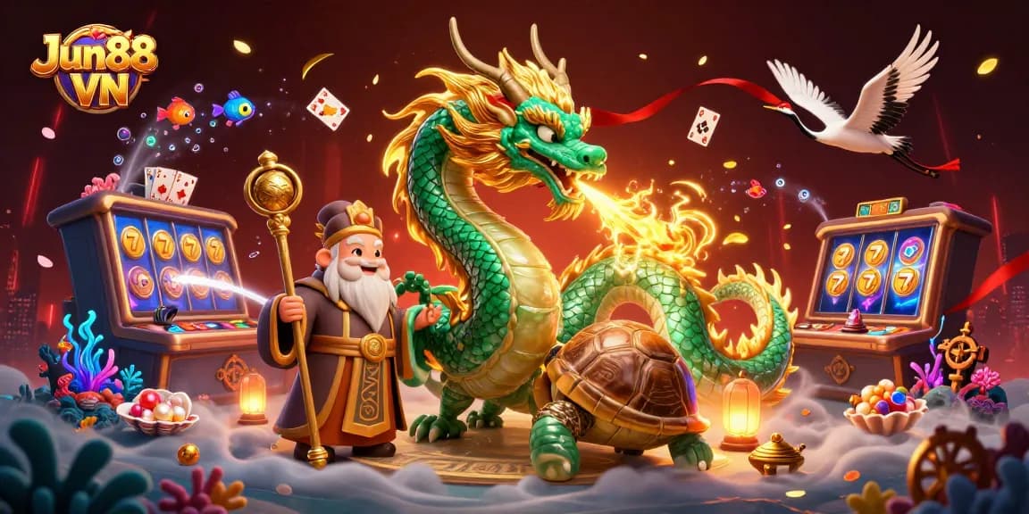 Experience thrilling wins at Jun88 VN with a vibrant underwater casino featuring dragons, turtles, and lucky symbols.
