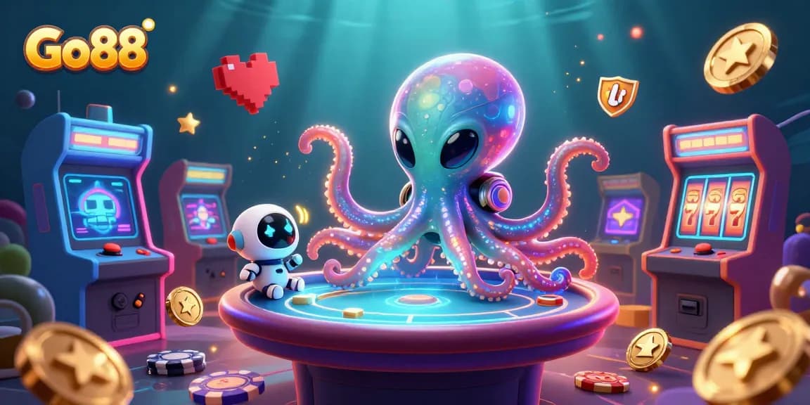 Join the vibrant Go88 casino scene with an alien octopus playing poker amid cosmic elements.