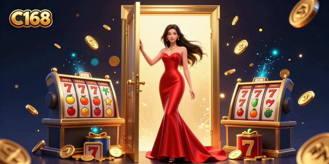 C168 casino gaming illustration showcasing a stunning woman in red gown in a vibrant casino scene filled with slot game elements.