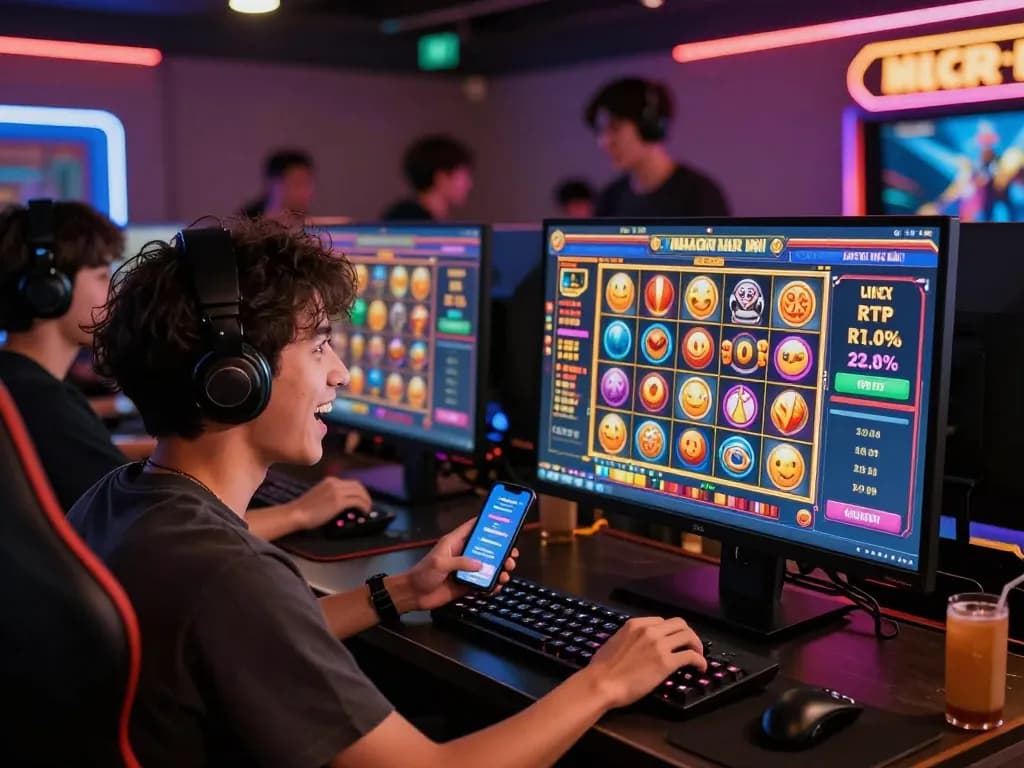 Pengalaman bermain game online yang menarik menyoroti slot gacor hari ini dengan pemain yang menikmati slot digital yang hidup.