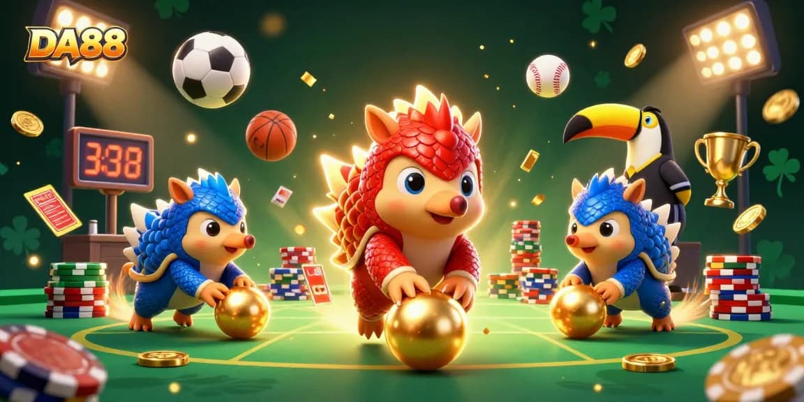 DA88 players engage in competitive fun with dynamic pangolins bowling poker chips in a colorful scene.