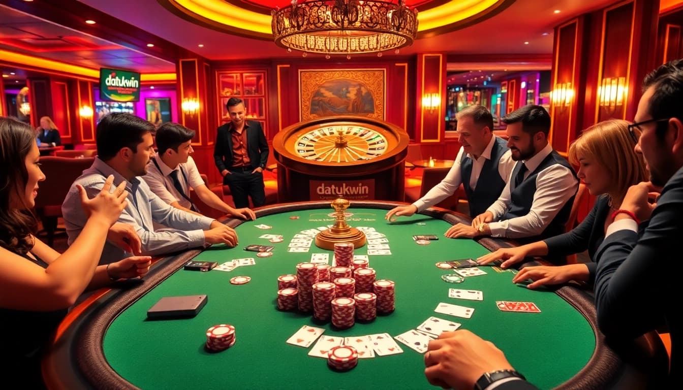 Berinteraksi dengan datukwin di meja poker kasino yang dinamis menampilkan permainan yang mendebarkan.