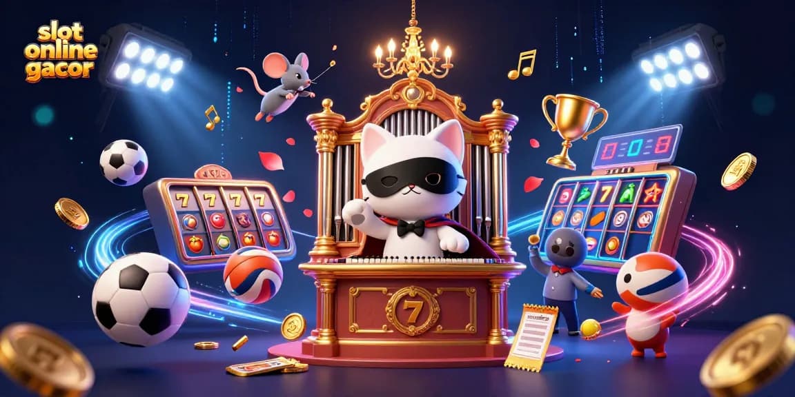 Mainkan slot online gacor dengan berbagai simbol dan elemen kasino yang menarik dalam ilustrasi meriah ini.
