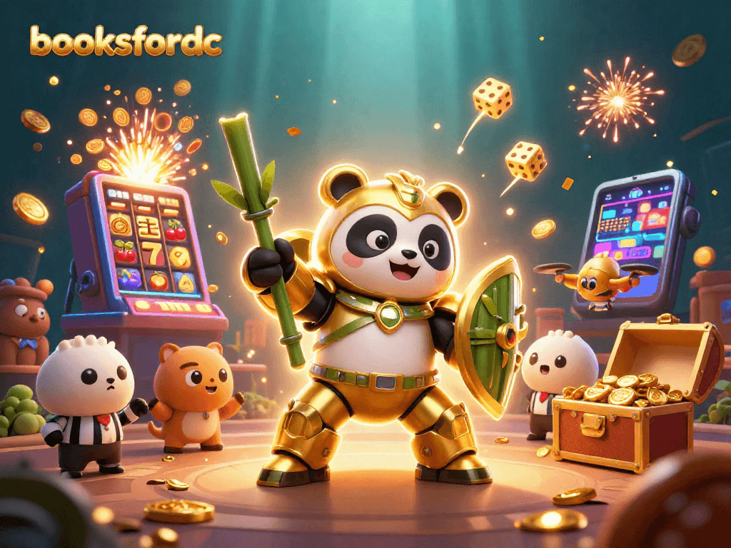 Experience the excitement at booksfordc with animated golden panda in a dynamic casino scene.