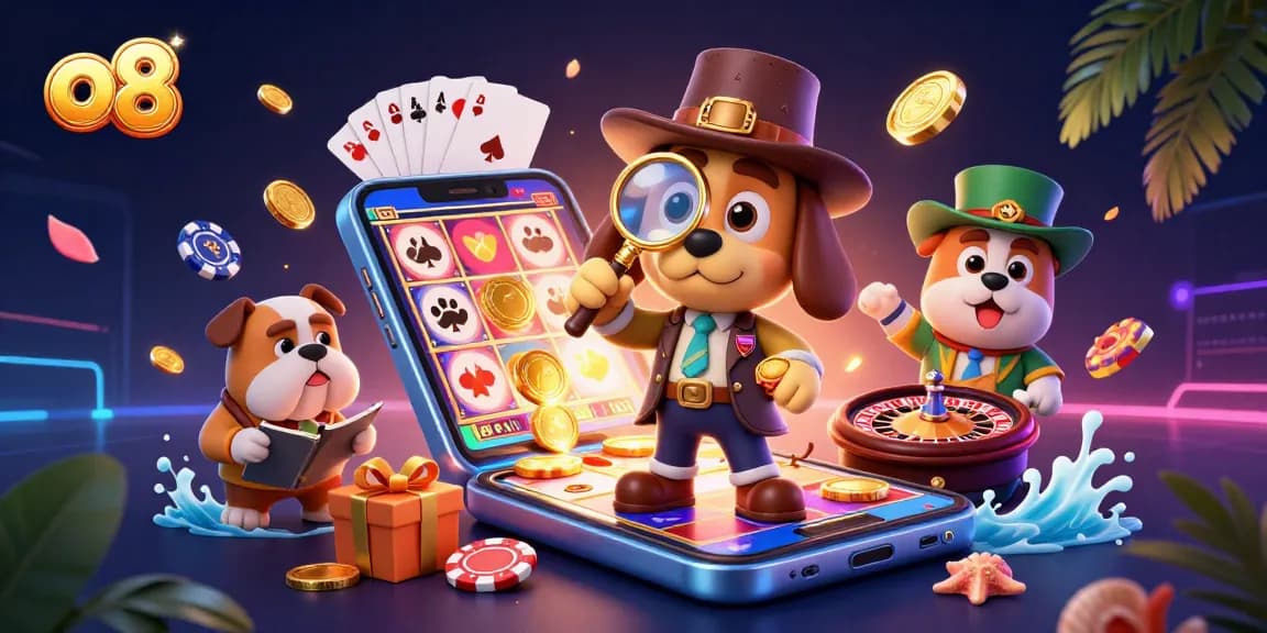 Play slots and win big at o8 with a detective and bulldog in a casino setting.