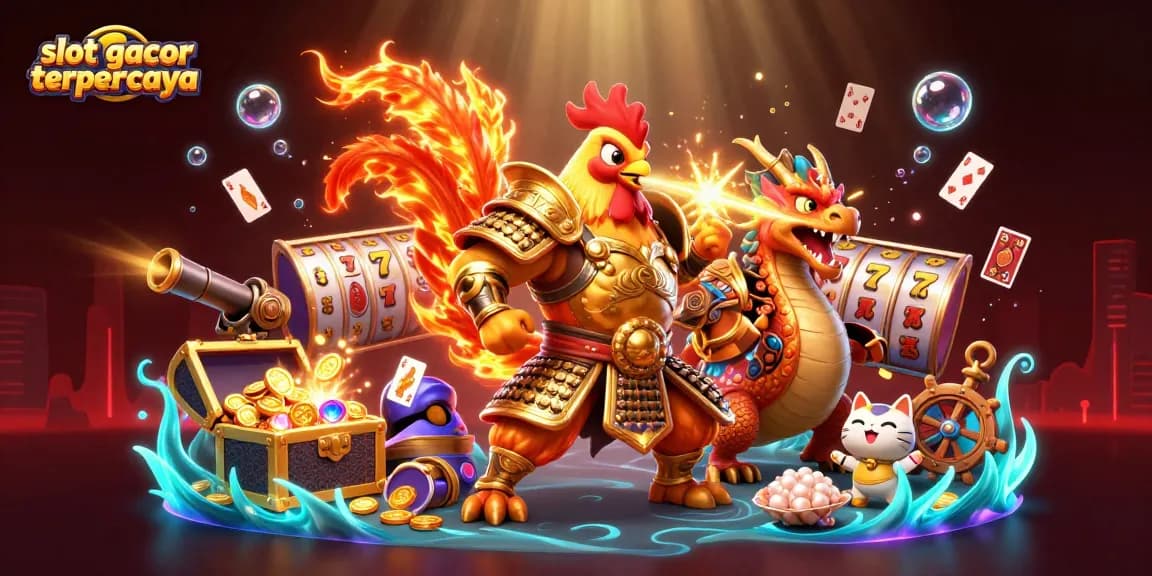 Engage with slot gacor terpercaya through an ultra-detailed 3D illustration of a fighting rooster warrior with magical elements.