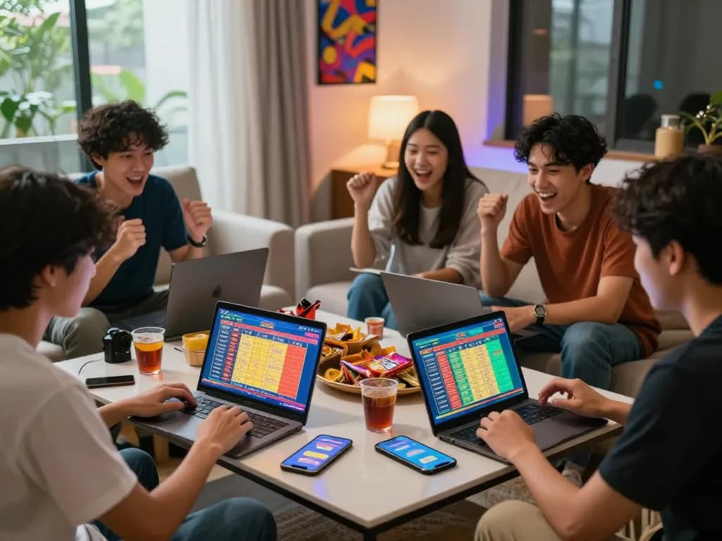 Situs bandar togel singapore hongkong players enjoying a lively game night with snacks, devices, and excitement.