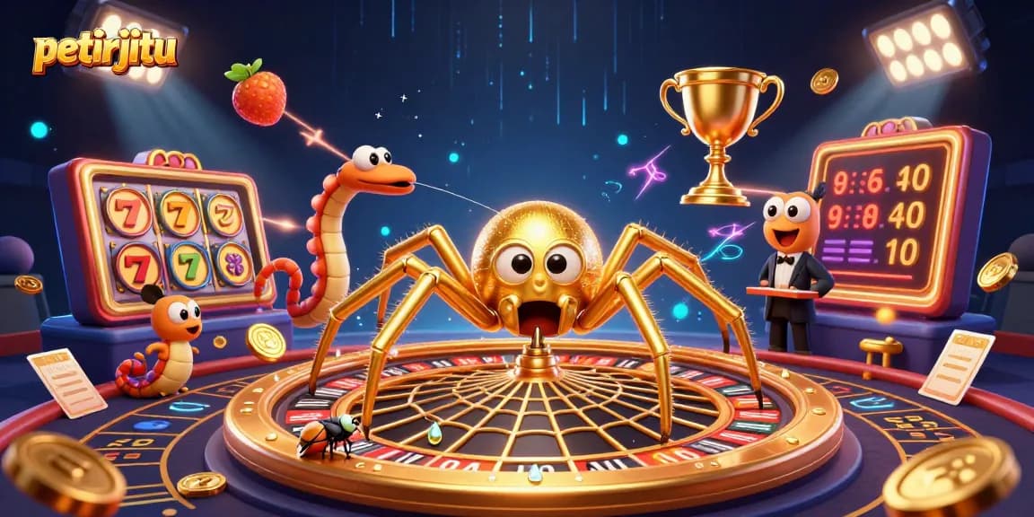 Petirjitu menyuguhkan ilustrasi kasino online dengan laba-laba emas dan croupier centipede.