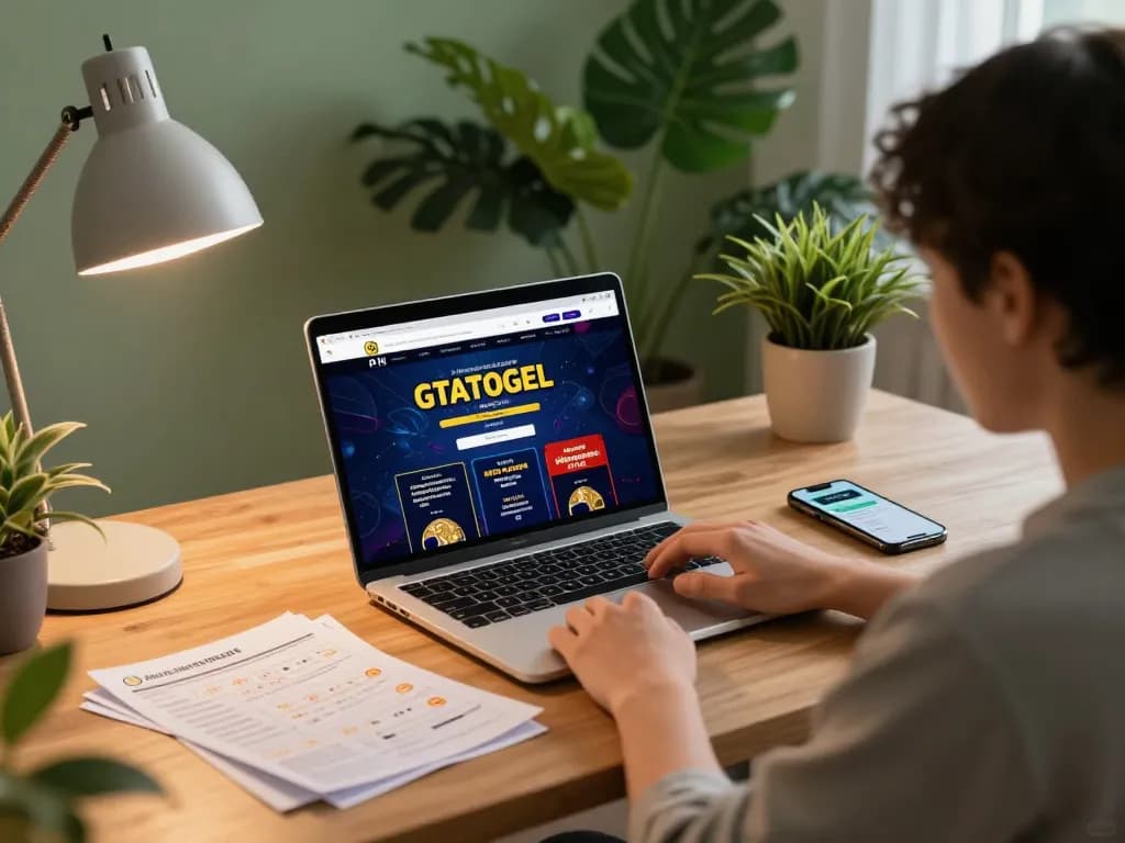Engaging online gaming scene showcasing GTATOGEL website on laptop, capturing strategic betting moments.