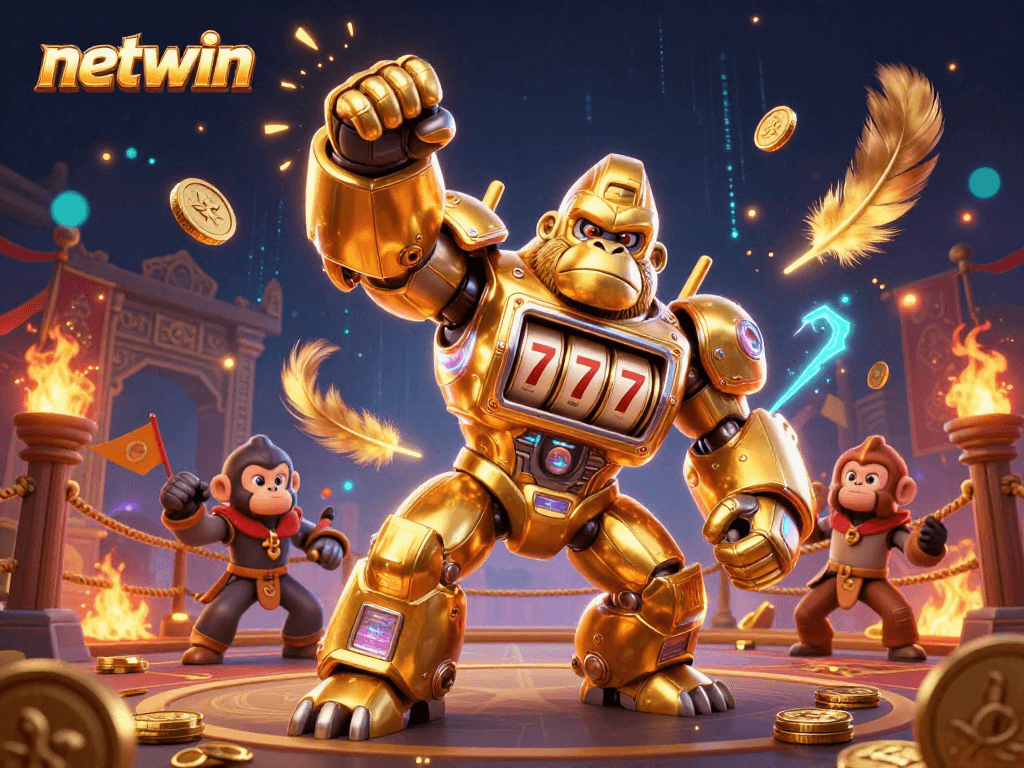 Experience thrilling wins at netwin with a golden gorilla mech and vibrant casino action.