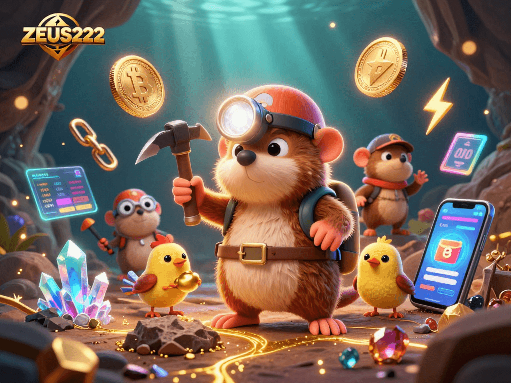 Play winning games on ZEUS222 with treasure hunter mole and canary, showcasing crypto rewards.
