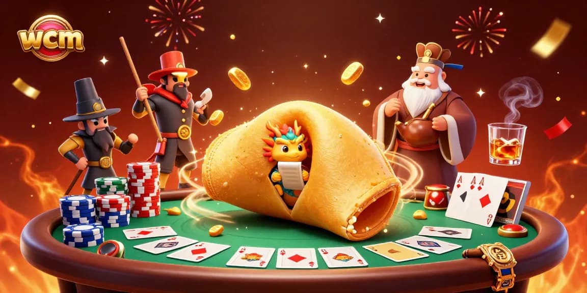 Engage in thrilling gaming action at wcm with a vibrant 3D scene showcasing fortune cookies and poker elements.