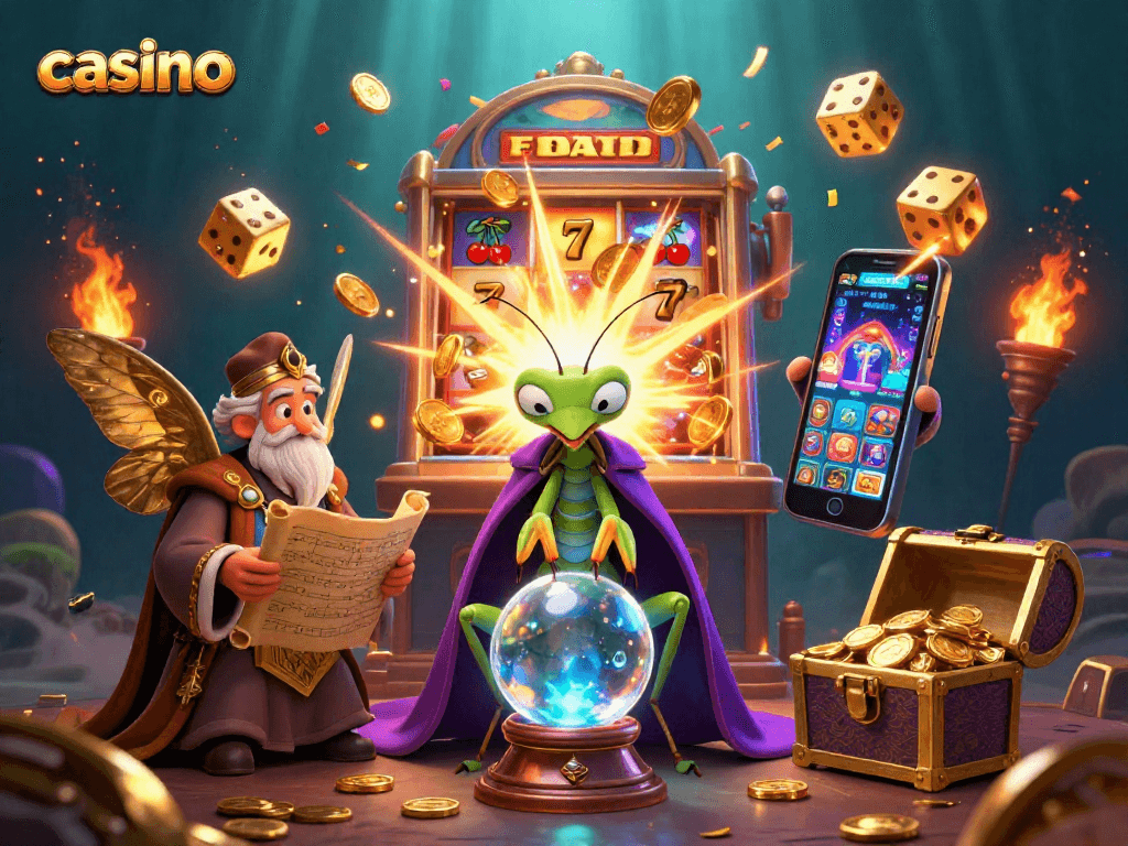 Engaging casino scene with a praying mantis fortune teller, showcasing gaming excitement and immersive graphics.