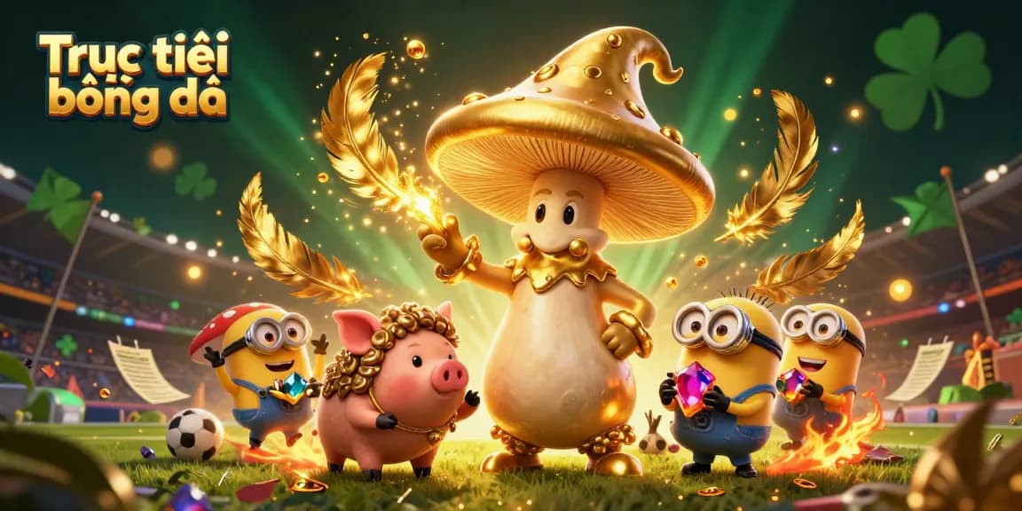 Bet on Trực tiếp bóng đá with golden wizard, treasure pig, and sports elements in a vibrant scene.