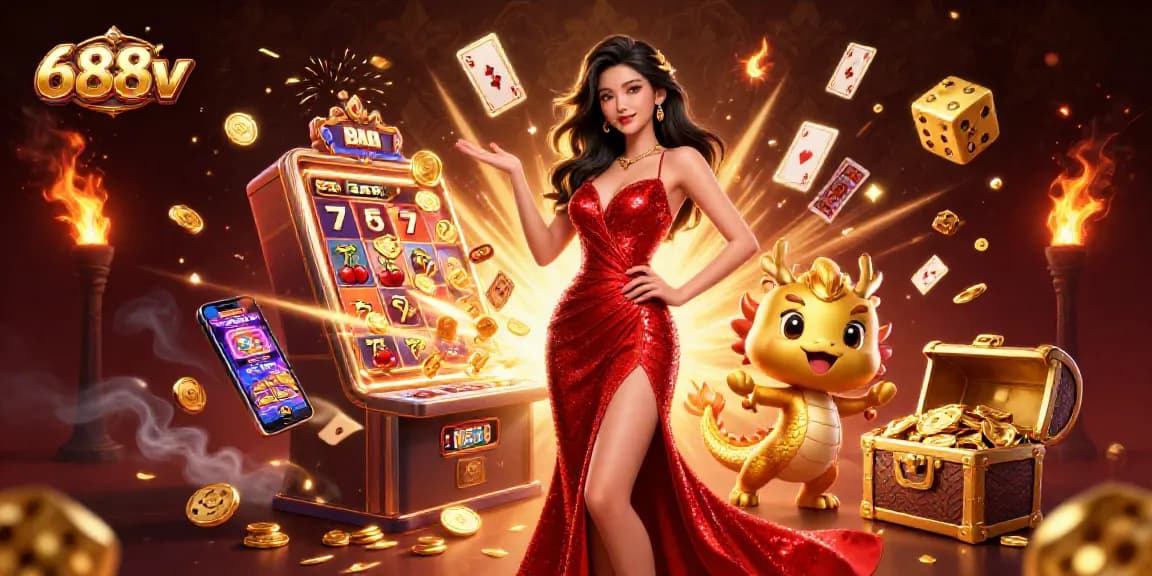 Experience excitement at 688v with captivating slot games and vibrant casino elements in a dynamic scene.