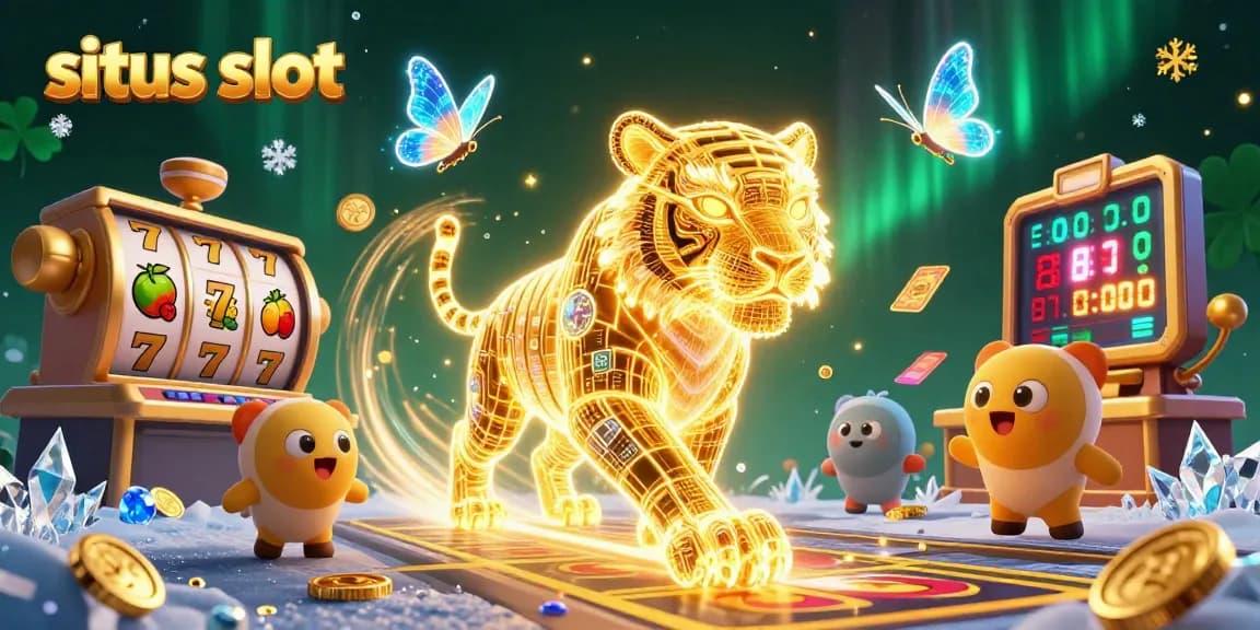 Experience the thrill of situs slot games with our vibrant 3D casino illustration featuring a golden tiger and dynamic elements.