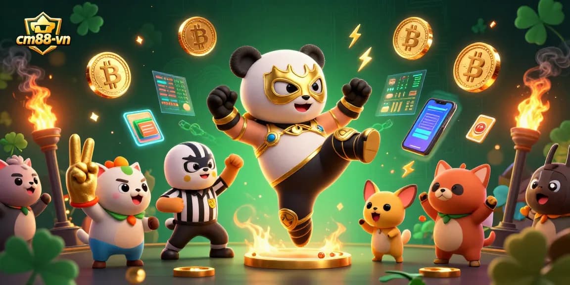 Engage in thrilling gaming at cm88-vn with a vibrant illustration of a panda wrestler amidst cryptocurrency excitement.