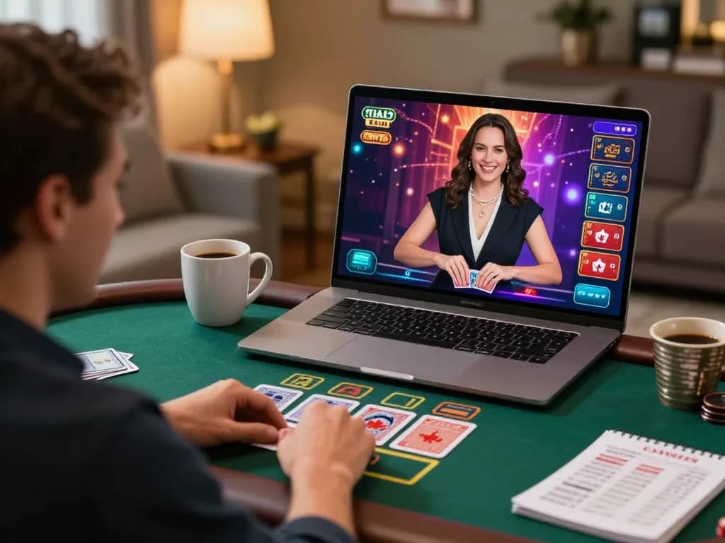 Player enjoying online casinos in Canada while interacting with a live dealer on a laptop.