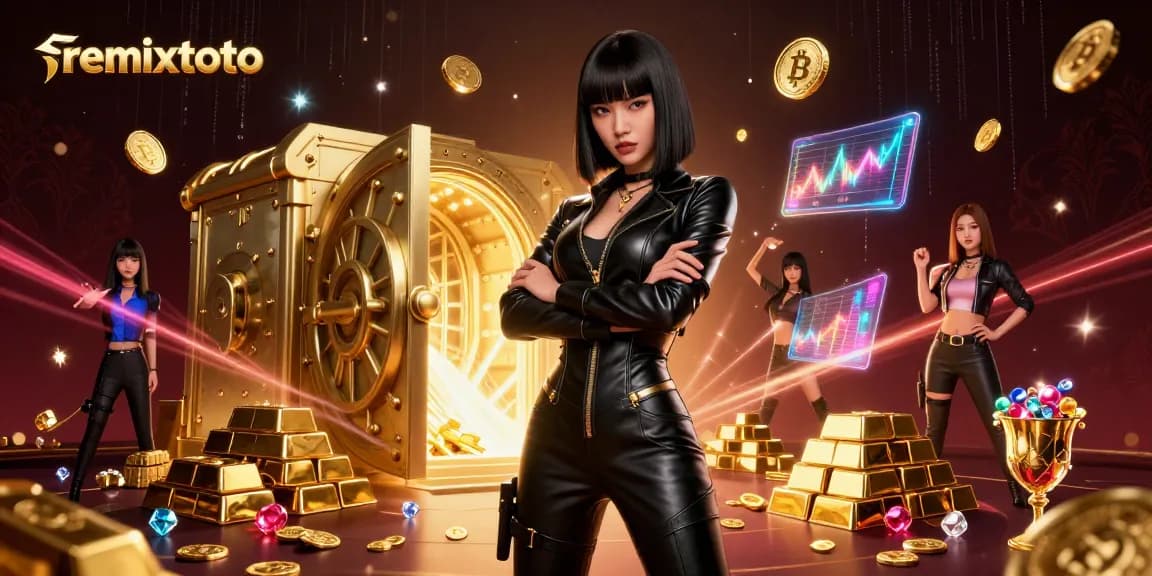 Engage with remixtoto in a vibrant casino atmosphere featuring Asian characters, gold treasures, and dynamic gaming elements.