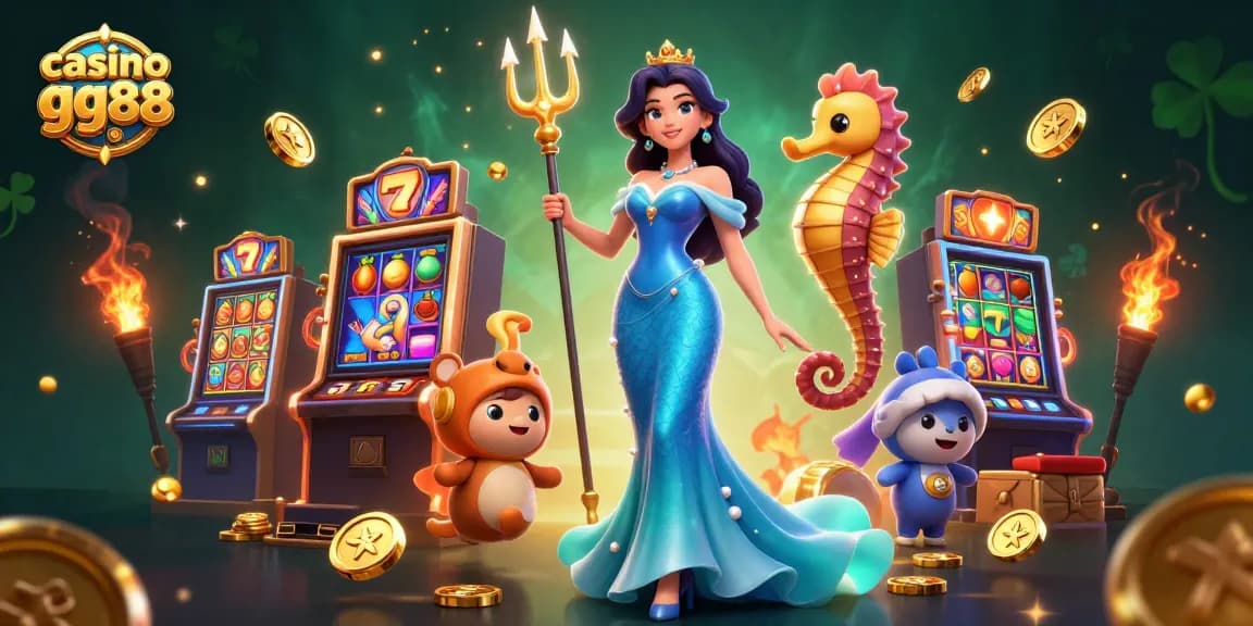 Engage with casino gg88's vibrant gaming realm featuring a stunning woman, seahorse king, and exciting slot elements.